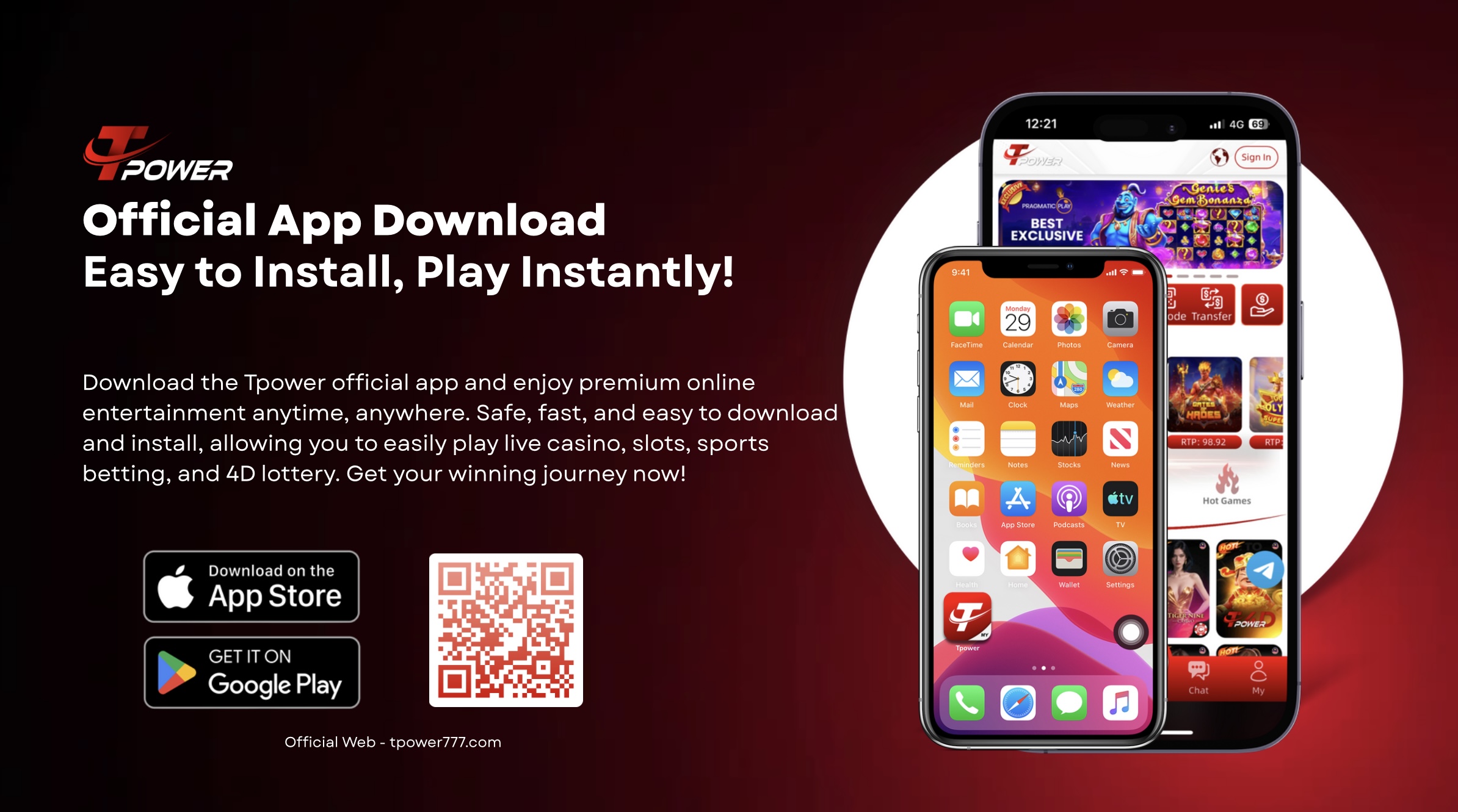 TPower777 Download Banner – Secure Mobile App Access to Live Casino, Slots & Sports Betting for Malaysian Players